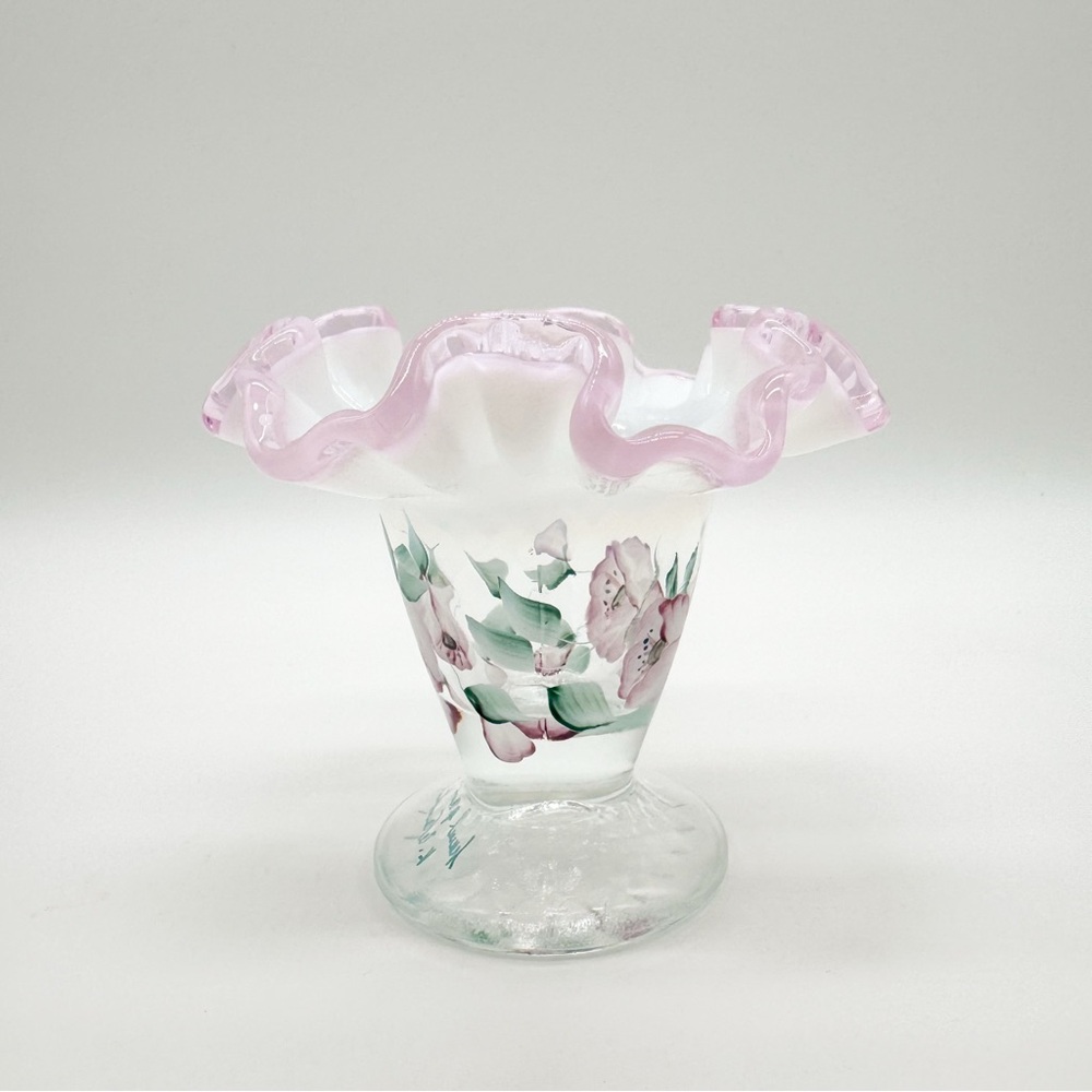 Fenton Pink Crest Ruffle 4” Glass Vase Opaline Optic Hand Painted Signed Floral